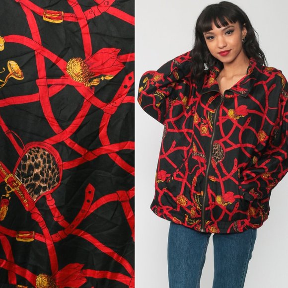 EVR Vintage 100% Silk Gold Accessories Gold Belts Print Red Zip Up Bomber Jacket - Picture 1 of 12